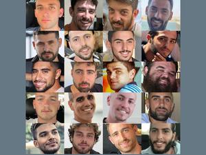 Die zwanzig israelischen Geiseln, die derzeit noch am Leben sein könnten (v.l.n.r. und o.n.u.): Matan Angrest, Ariel Cunio, David Cunio, Gali Berman, Ziv Berman,  Elkana Bohbot, Rom Braslavski, Nimrod Cohen, Evyatar David, Guy Dilboa Dalai, Maxim Herkin, Eitan Horn, Bar Kupershtein, Omri Miran, Eitan Mor, Segev Kalfon, Yosef-Haim Ohana, Alon Ohel, Avinatan Or, Matan Zangkauker