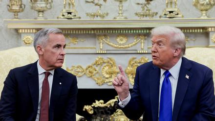 US-Präsident Donald Trump gestikuliert, während er sich mit dem kanadischen Premierminister Mark Carney im Oval Office des Weißen Hauses trifft.
