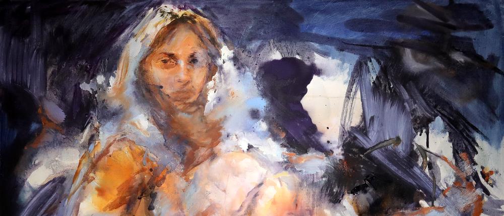 Kylie Mannings „A state like fever“ (2025) zeigt einen Körper in Auflösung. In den anderen Gemälden, die für die Villa Schöningen entstanden, sind von Körpern nur versteckte Zeichen geblieben.