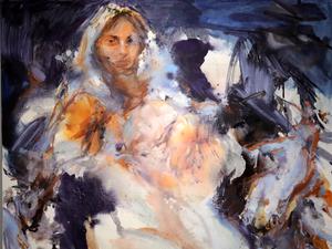 Kylie Mannings „A state like fever“ (2025) zeigt einen Körper in Auflösung. In den anderen Gemälden, die für die Villa Schöningen entstanden, sind von Körpern nur versteckte Zeichen geblieben.