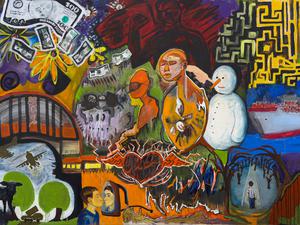 „Geburt – Mein Start ins Leben“, Gouache auf Leinwand.