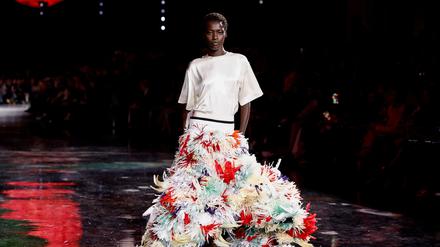 Model Awar Odhiang presents a creation by designer Matthieu Blazy as part of his Spring/Summer 2026 Women's ready-to-wear collection show for the fashion house Chanel during Paris Fashion Week in Paris, France, October 6, 2025. REUTERS/Benoit Tessier