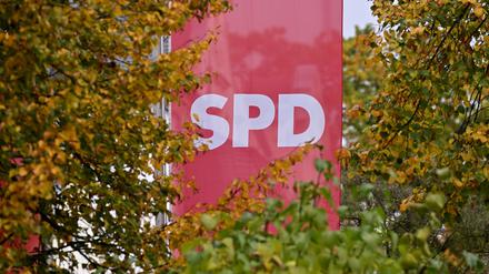 Flagge der SPD vor dem Regine-Hildebrandt-Haus im Herbstlaub.