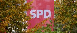 Flagge der SPD vor dem Regine-Hildebrandt-Haus im Herbstlaub.