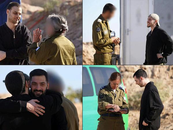 (COMBO) This combination of handout pictures released by the Israeli army shows released Israeli hostages (L to R, top to bottom) Alon Ohel, Eitan Mor, Gali Berman, and Guy Gilboa-Dalal, among the former captives in Gaza since the 2023 October 7 attacks by Palestinian militants, after being handed over in a prisoner-hostage swap and a ceasefire deal between Israel and Hamas in Israel on October 13, 2025.  (Photo by Israeli Army / AFP) / === RESTRICTED TO EDITORIAL USE - MANDATORY CREDIT "AFP PHOTO / Handout / Israeli Army' - NO MARKETING NO ADVERTISING CAMPAIGNS - DISTRIBUTED AS A SERVICE TO CLIENTS ==
=== RESTRICTED TO EDITORIAL USE - MANDATORY CREDIT "AFP PHOTO / Handout / Israeli Army' - NO MARKETING NO ADVERTISING CAMPAIGNS - DISTRIBUTED AS A SERVICE TO CLIENTS ==
=== RESTRICTED TO EDITORIAL USE - MANDATORY CREDIT "AFP PHOTO / Handout / Israeli Army' - NO MARKETING NO ADVERTISING CAMPAIGNS - DISTRIBUTED AS A SERVICE TO CLIENTS ==
=== RESTRICTED TO EDITORIAL USE - MANDATORY CREDIT "AFP PHOTO / Handout / Israeli Army' - NO MARKETING NO ADVERTISING CAMPAIGNS - DISTRIBUTED AS A SERVICE TO CLIENTS == / 