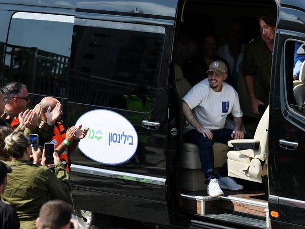 Released hostage Eitan Abraham Mor, who was kidnapped during the deadly October 7, 2023 attack by Hamas and taken to Gaza, sits in a vehicle upon arrival at Rabin Medical Center-Beilinson Hospital, amid a hostages-prisoners swap and a ceasefire deal between Israel and Hamas in Gaza, in Petah Tikva, Israel October 13, 2025. REUTERS/Stoyan Nenov