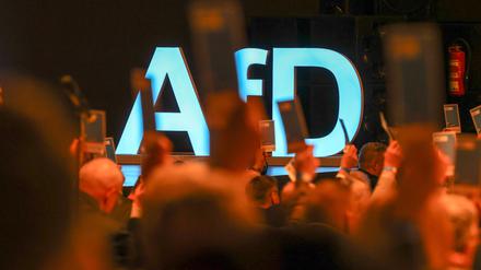 Delegierte gehen vor dem Parteilogo bei dem AfD-Bundesparteitag im Juli 2023 in Magdeburg.