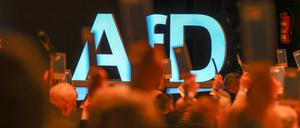 Delegierte gehen vor dem Parteilogo bei dem AfD-Bundesparteitag im Juli 2023 in Magdeburg.