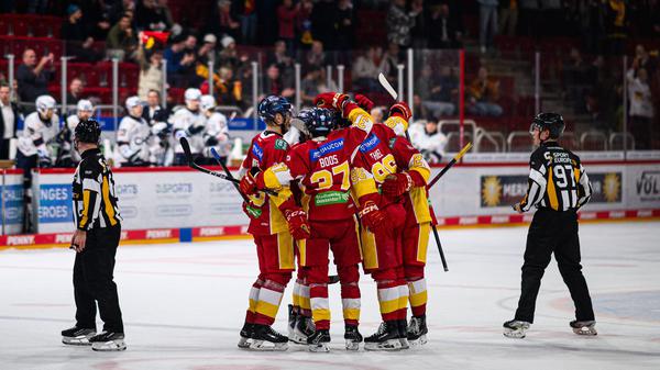 Die Spieler der Düsseldorfer EG feiern den Heimsieg gegen Ravensburg.