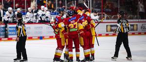 Die Spieler der Düsseldorfer EG feiern den Heimsieg gegen Ravensburg.