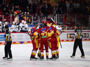 Die Spieler der Düsseldorfer EG feiern den Heimsieg gegen Ravensburg.