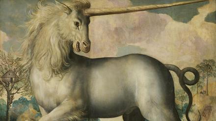 Maerten de Vos, Einhorn, 1572, Öl auf Eichenholz, 137 × 136,5 cm, Staatliche Schlösser, Gärten und Kunstsammlungen Mecklenburg-Vorpommern, Schwerin, zur Ausstellung "Einhorn. Das Fabeltier in der Kunst", 25. Oktober 2025 – 1. Februar 2026, Museum Barberini
