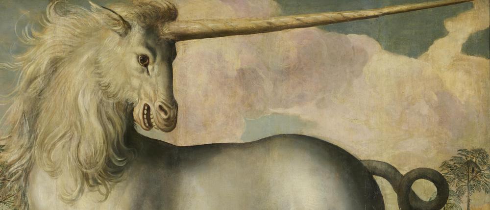 Maerten de Vos, Einhorn, 1572, Öl auf Eichenholz, 137 × 136,5 cm, Staatliche Schlösser, Gärten und Kunstsammlungen Mecklenburg-Vorpommern, Schwerin, zur Ausstellung "Einhorn. Das Fabeltier in der Kunst", 25. Oktober 2025 – 1. Februar 2026, Museum Barberini