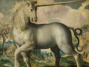 Maerten de Vos, Einhorn, 1572, Öl auf Eichenholz, 137 × 136,5 cm, Staatliche Schlösser, Gärten und Kunstsammlungen Mecklenburg-Vorpommern, Schwerin, zur Ausstellung "Einhorn. Das Fabeltier in der Kunst", 25. Oktober 2025 – 1. Februar 2026, Museum Barberini