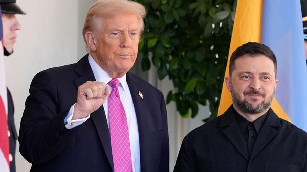 US-Präsident Donald Trump (l) gestikuliert neben dem ukrainischen Präsidenten Wolodymyr Selenskyj beim Empfang im Weißen Haus. 