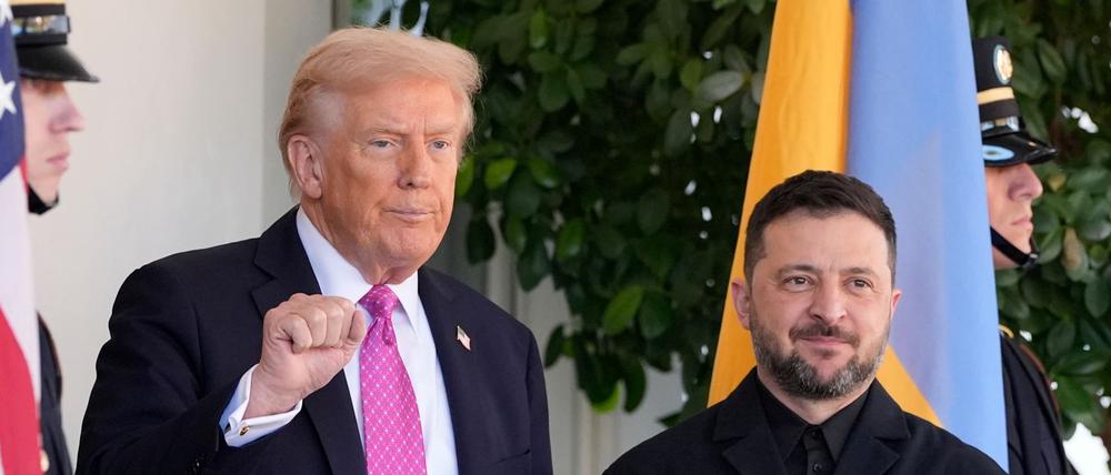 US-Präsident Donald Trump (l) gestikuliert neben dem ukrainischen Präsidenten Wolodymyr Selenskyj beim Empfang im Weißen Haus.