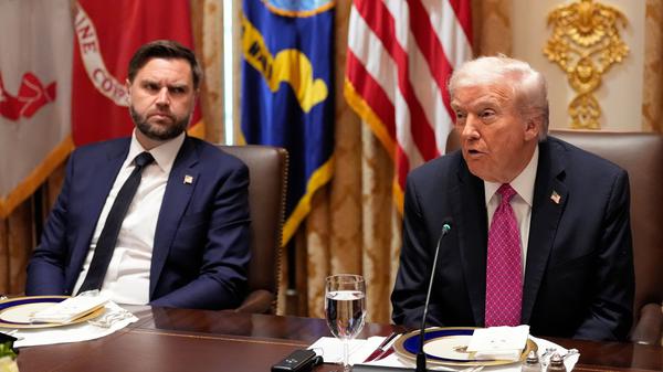 17.10.2025, USA, Washington: US-Präsident Donald Trump (r) spricht vor einem Mittagessen mit dem ukrainischen Präsidenten W. Selenskyj neben Vizepräsident JD Vance (l) im Kabinettssaal des Weißen Hauses. Foto: Alex Brandon/AP/dpa +++ dpa-Bildfunk +++