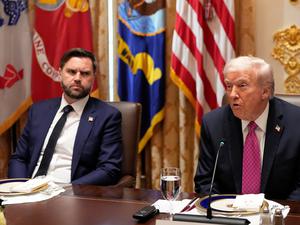 17.10.2025, USA, Washington: US-Präsident Donald Trump (r) spricht vor einem Mittagessen mit dem ukrainischen Präsidenten W. Selenskyj neben Vizepräsident JD Vance (l) im Kabinettssaal des Weißen Hauses. Foto: Alex Brandon/AP/dpa +++ dpa-Bildfunk +++