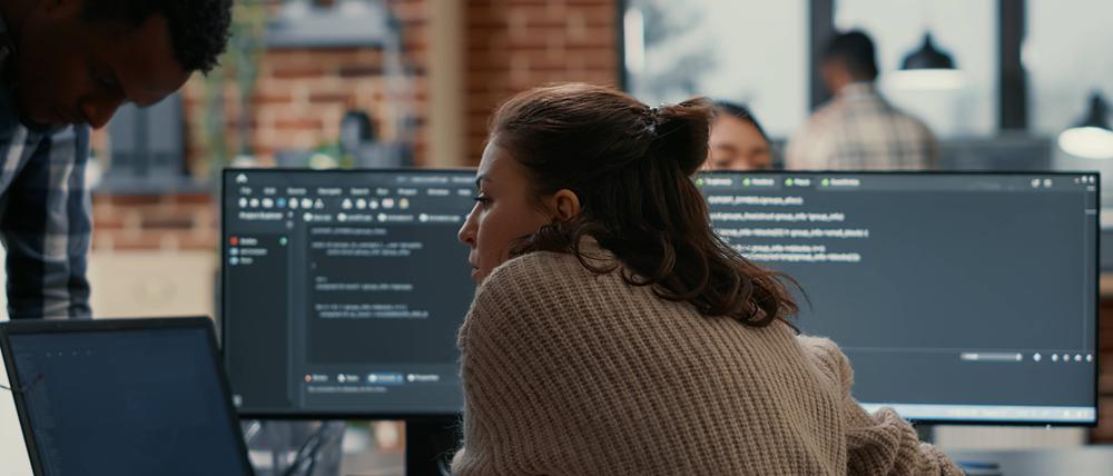 Eine Software-Programmiererin am Arbeitsplatz.