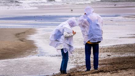 Spaziergänger mit Regenschutz suchen bei kräftigem Wind am Ostseestrand von Warnemünde nach Bernstein (Symbolbild).