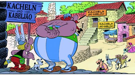 Asterix und Obelix staunen im lusitanischen Dorf über die Geschäfte, deren Angebot sich auf regionale Spezialitäten konzentriert.