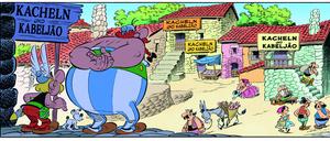 Asterix und Obelix staunen im lusitanischen Dorf über die Geschäfte, deren Angebot sich auf regionale Spezialitäten konzentriert.