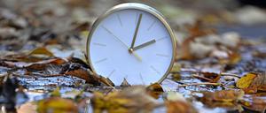 Eine Uhr spiegelt sich im Herbstlaub (Symbolbild).