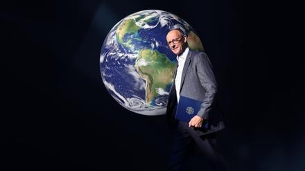 Friedrich Merz vor einer Weltkugel (Montage).