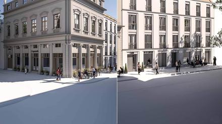 So sollen der wiederaufgebaute Palazzo Barbaran da Porto und der Neubau, links daneben in der Anna-Flügge-Straße, bis Ende 2026 aussehen.