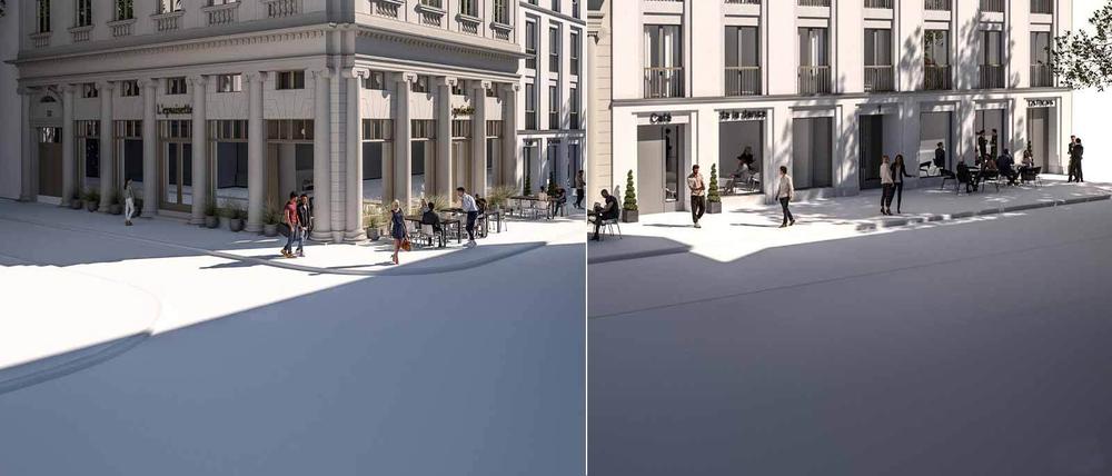 So sollen der wiederaufgebaute Palazzo Barbaran da Porto und der Neubau, links daneben in der Anna-Flügge-Straße, bis Ende 2026 aussehen.