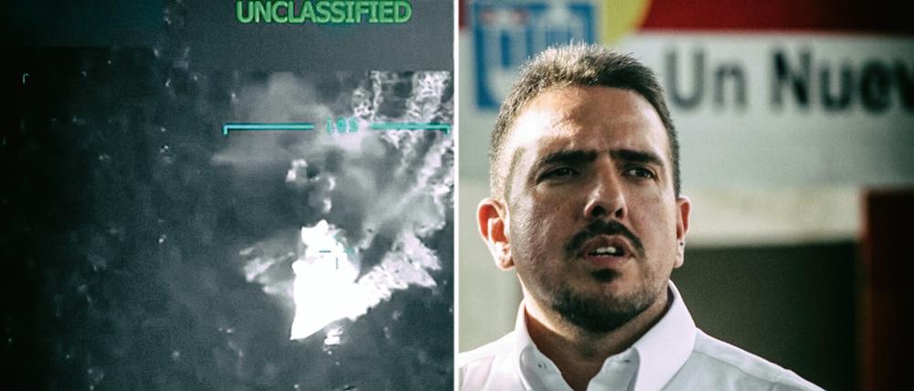Stalin González spricht über die Bedrohung einer US-amerikanischen Militärintervention. Links im Bild: Luftschlag gegen ein angebliches Boot, mit dem Drogen in die USA geschmuggelt werden soll.