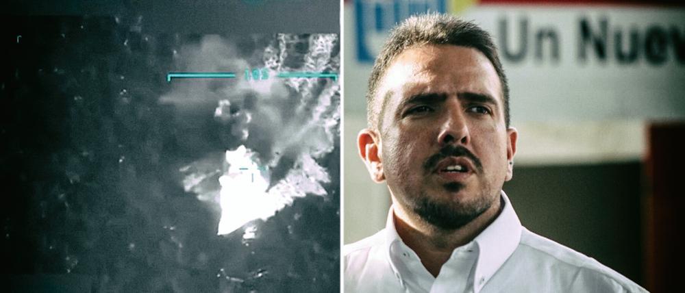 Stalin González spricht über die Bedrohung einer US-amerikanischen Militärintervention. Links im Bild: Luftschlag gegen ein angebliches Boot, mit dem Drogen in die USA geschmuggelt werden sollen.
