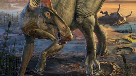 HANDOUT - Scene painting some 66 million years ago showing the duck-billed dinosaur as it appeared in life based on mummies discovered in east-central Wyoming which document its scaly skin and hooves. It had a fleshy crest over neck and trunk, a fleshy spike row over hips and tail and hooves capping the toes of the hind feet. (artwork by Dani Navarro) Credit: Artwork by Dani Navarro
ACHTUNG: Frei nur zur redaktionellen Verwendung im Zusammenhang mit der Berichterstattung über die Studie bei Nennung des Credits. Foto: Artwork by Dani Navarro