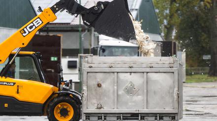 Tote Enten kommen in einen Transportbehälter. 