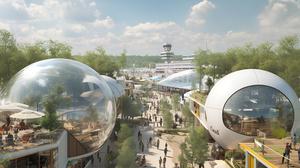 Visualisierung der Architekturbüros LAVA und GRAFT für ein Expo-Gelände am ehemaligen Flughafen in Berlin-Tegel.