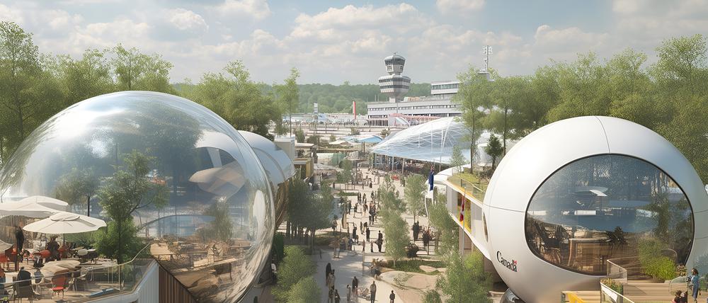 Visualisierung der Architekturbüros LAVA und GRAFT für ein Expo-Gelände am ehemaligen Flughafen in Berlin-Tegel. 