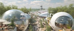 Visualisierung der Architekturbüros LAVA und GRAFT für ein Expo-Gelände am ehemaligen Flughafen in Berlin-Tegel. 