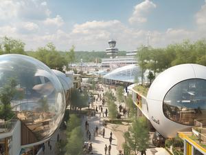 Visualisierung der Architekturbüros LAVA und GRAFT für ein Expo-Gelände am ehemaligen Flughafen in Berlin-Tegel.