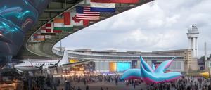 Visualisierung der Architekturbüros LAVA und GRAFT für eine die Gestaltung des „Expo Satelliten“ am ehemaligen Flughafen Tempelhof.