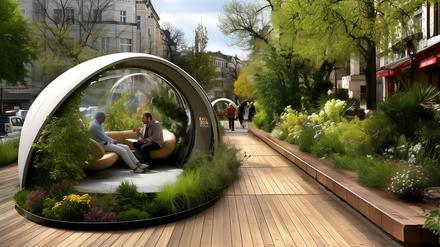 Visualisierung der Architekturbüros LAVA und GRAFT für eine mögliche Bewerbung Berlins um die Ausrichtung einer Weltausstellung, EXPO 2035 Berlin. Erstellt und erstmals veröffentlicht 2025: Gebäude für ein sogenanntes „Kiez Labor“.