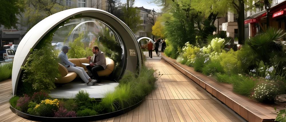 Visualisierung der Architekturbüros LAVA und GRAFT für eine mögliche Bewerbung Berlins um die Ausrichtung einer Weltausstellung, EXPO 2035 Berlin. Erstellt und erstmals veröffentlicht 2025: Gebäude für ein sogenanntes „Kiez Labor“.