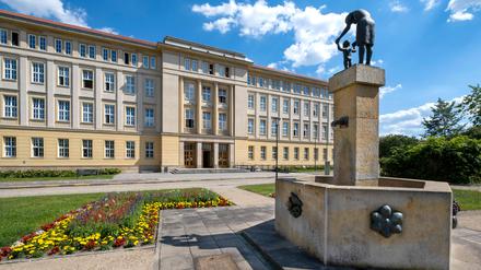 Trinkbrunnen von Jürgen von Woyski vor dem Rathaus von Eisenhüttenstadt.