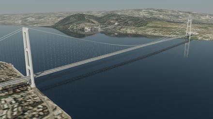 Die computergenerierte Darstellung zeigt einen Entwurf des Projektunternehmens Eurolink, dessen führendes Unternehmen die Webuild Group ist. Geplant ist die längste Hängebrücke der Welt, die das italienische Festland mit Sizilien verbinden wird.