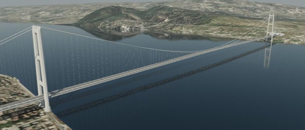 Die computergenerierte Darstellung zeigt einen Entwurf des Projektunternehmens Eurolink, dessen führendes Unternehmen die Webuild Group ist. Geplant ist die längste Hängebrücke der Welt, die das italienische Festland mit Sizilien verbinden wird.