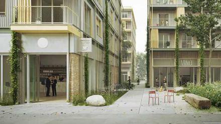 Ein Gebäude mit Wellblechfassade und Balkonen, ein anderes mit Holzfassade – so plant das Architekturbüro Kaden+ zwei Wohnhäuser am Dragonerareal in Kreuzberg.