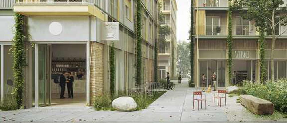 Ein Gebäude mit Wellblechfassade und Balkonen, ein anderes mit Holzfassade – so plant das Architekturbüro Kaden+ zwei Wohnhäuser am Dragonerareal in Kreuzberg.