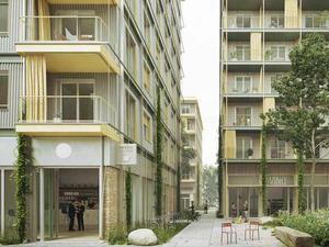 Ein Gebäude mit Wellblechfassade und Balkonen, ein anderes mit Holzfassade – so plant das Architekturbüro Kaden+ zwei Wohnhäuser am Dragonerareal in Kreuzberg.