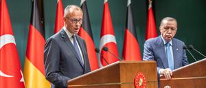 Recep Tayyip Erdoğan (r.) und Friedrich Merz beim Treffen im Präsidentenpalast