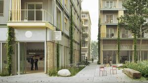 Ein Gebäude mit Wellblechfassade und Balkonen, ein anderes mit Holzfassade – so plant das Architekturbüro Kaden+ zwei Wohnhäuser am Dragonerareal in Kreuzberg.