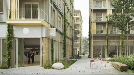 Ein Gebäude mit Wellblechfassade und Balkonen, ein anderes mit Holzfassade – so plant das Architekturbüro Kaden+ zwei Wohnhäuser am Dragonerareal in Kreuzberg.